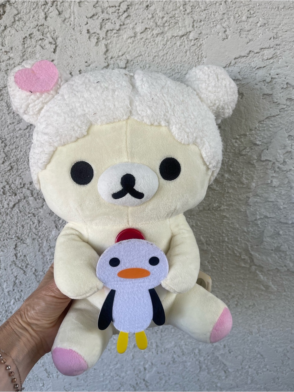 Rilakkuma Style Cream Plush Bear with Pink Accents and Penguin Toy